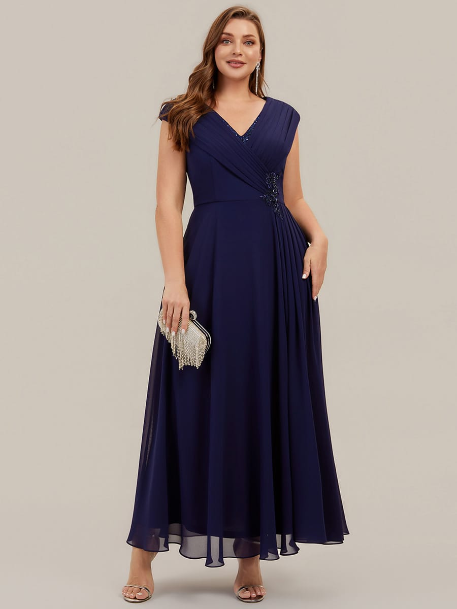 Flowing Ribbons Chiffon Cap Sleeve Dress #color_Navy Blue
