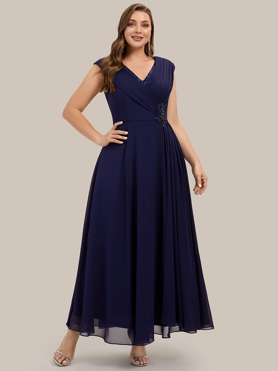 Flowing Ribbons Chiffon Cap Sleeve Dress #color_Navy Blue