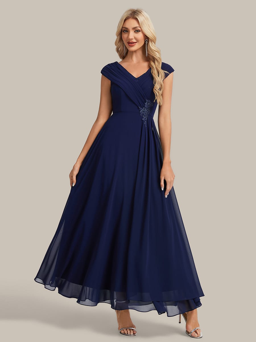 Flowing Ribbons Chiffon Cap Sleeve Dress #color_Navy Blue