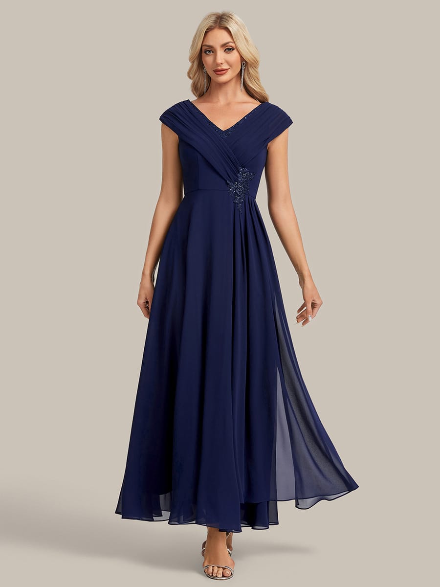 Flowing Ribbons Chiffon Cap Sleeve Dress #color_Navy Blue