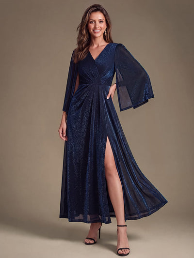 Lurex Mesh Cross Over Neck Maxi Dress with 3/4 Sleeves