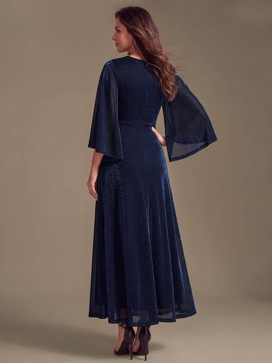Lurex Mesh Cape Sleeve Sheath Dress #color_Navy Blue