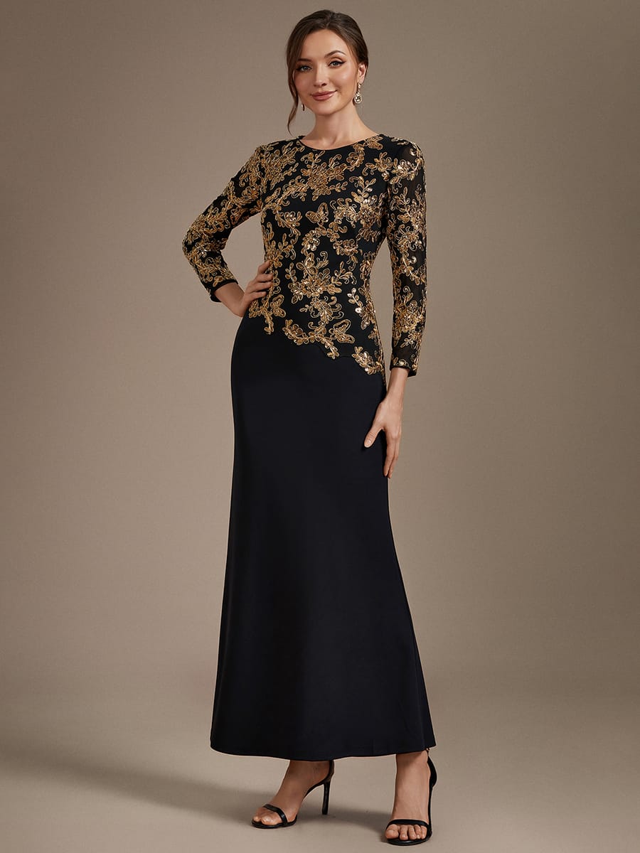 Sequin Fitted Sleeve Bodycon Dress #color_Black & Gold