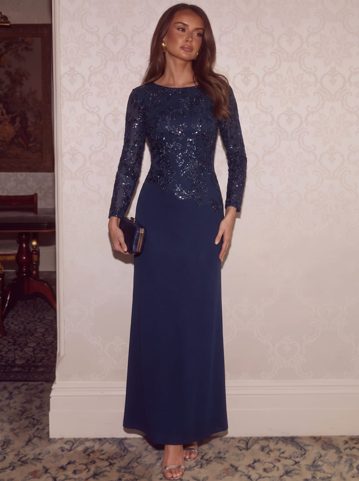 Sequin Fitted Sleeve Bodycon Dress #color_Navy Blue