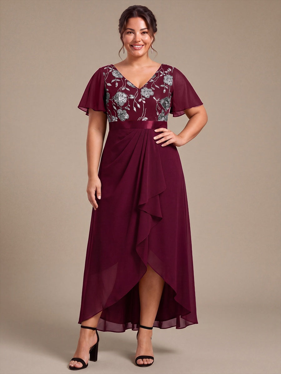 Chiffon Maxi Length V-neckline Asymmetrical Ruffle sleeves dress for the mother of the bride #color_Burgundy
