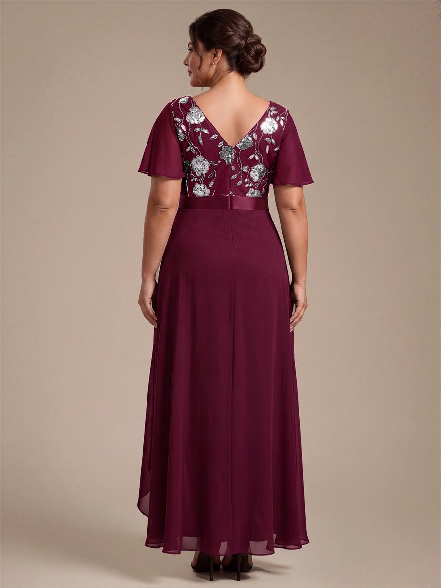 Chiffon Maxi Length V-neckline Asymmetrical Ruffle sleeves dress for the mother of the bride #color_Burgundy