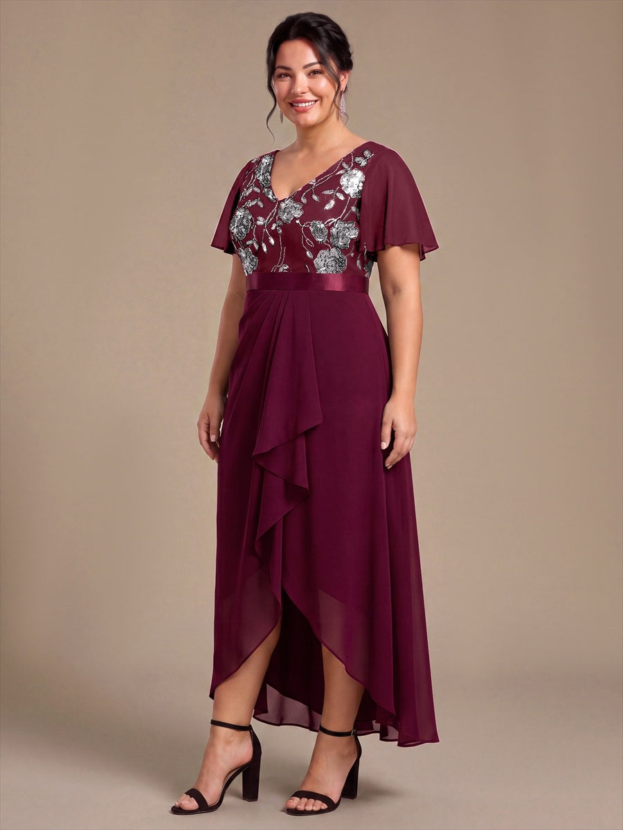 Chiffon Maxi Length V-neckline Asymmetrical Ruffle sleeves dress for the mother of the bride #color_Burgundy