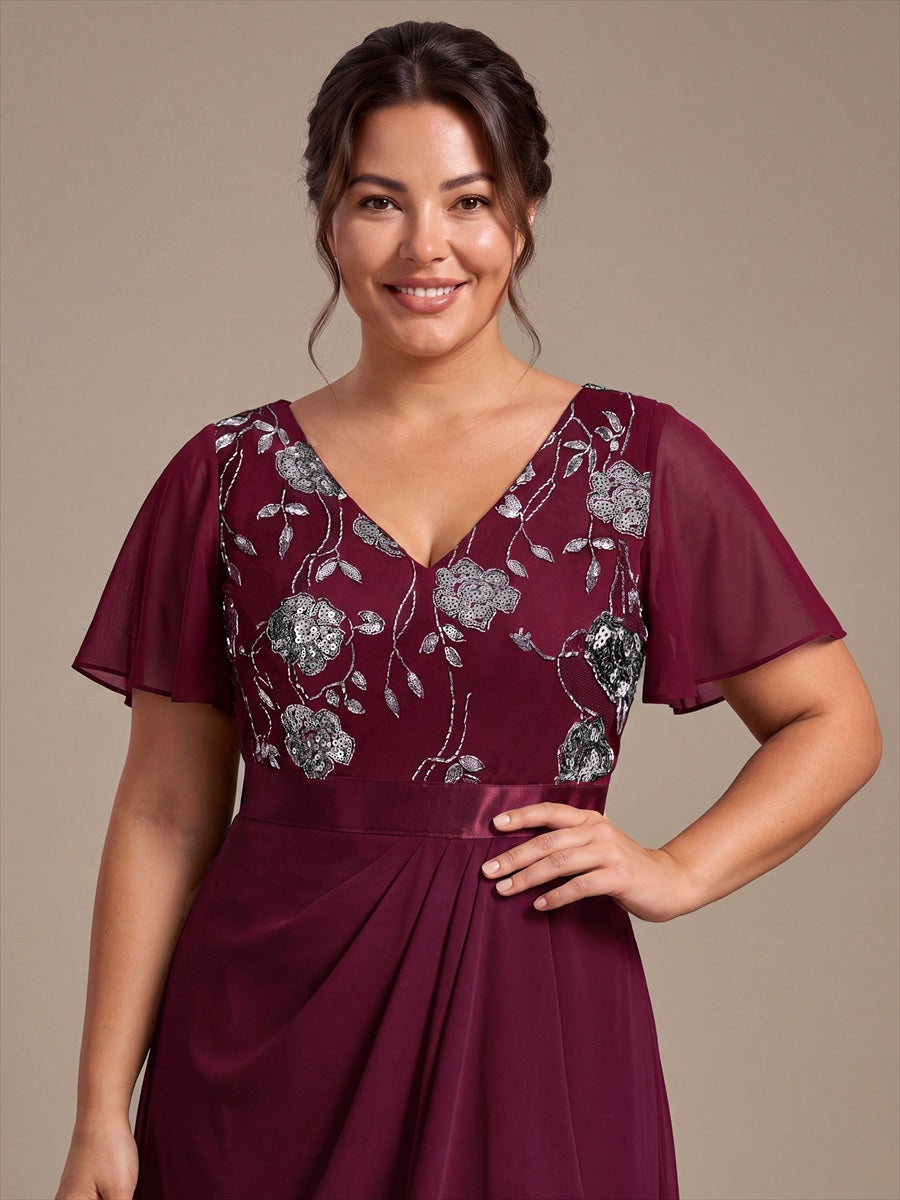 Chiffon Maxi Length V-neckline Asymmetrical Ruffle sleeves dress for the mother of the bride #color_Burgundy