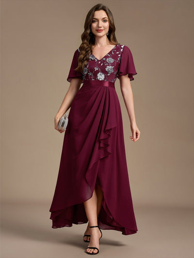 Chiffon Maxi Length V-neckline Asymmetrical Ruffle sleeves dress for the mother of the bride