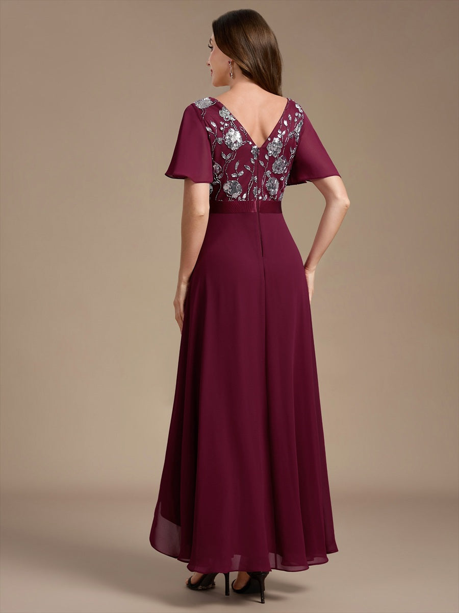Chiffon Maxi Length V-neckline Asymmetrical Ruffle sleeves dress for the mother of the bride #color_Burgundy
