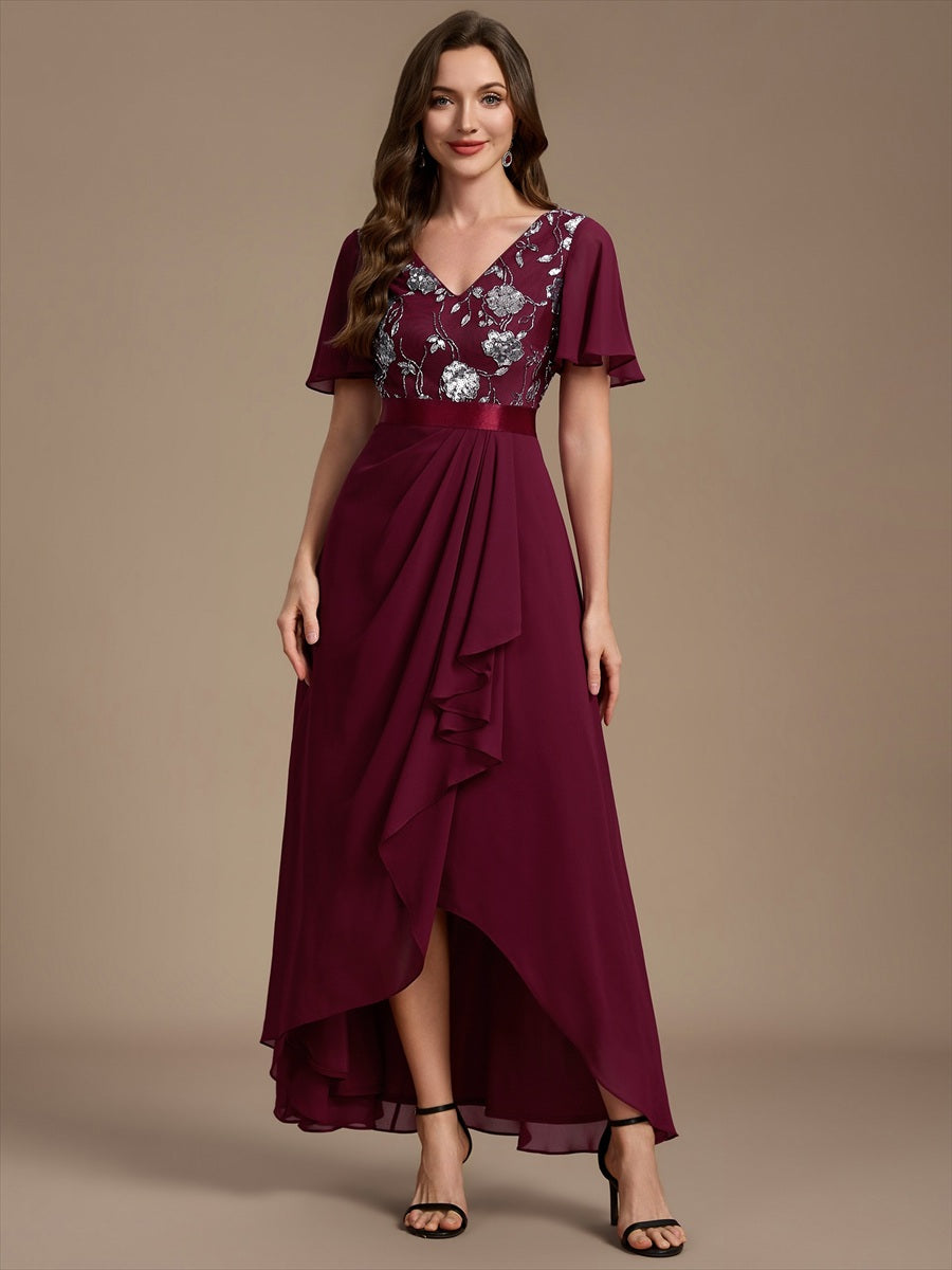 Chiffon Maxi Length V-neckline Asymmetrical Ruffle sleeves dress for the mother of the bride #color_Burgundy