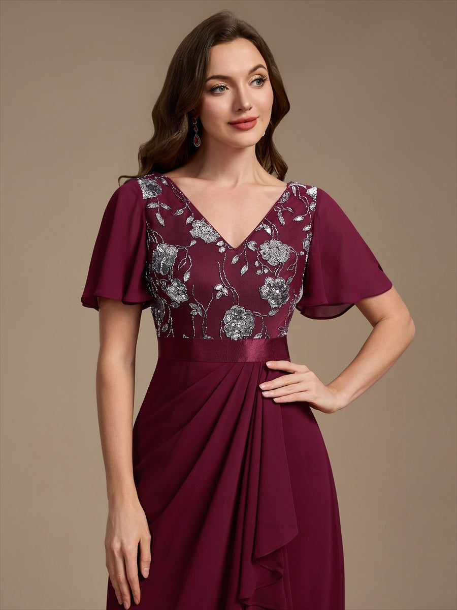 Chiffon Maxi Length V-neckline Asymmetrical Ruffle sleeves dress for the mother of the bride #color_Burgundy