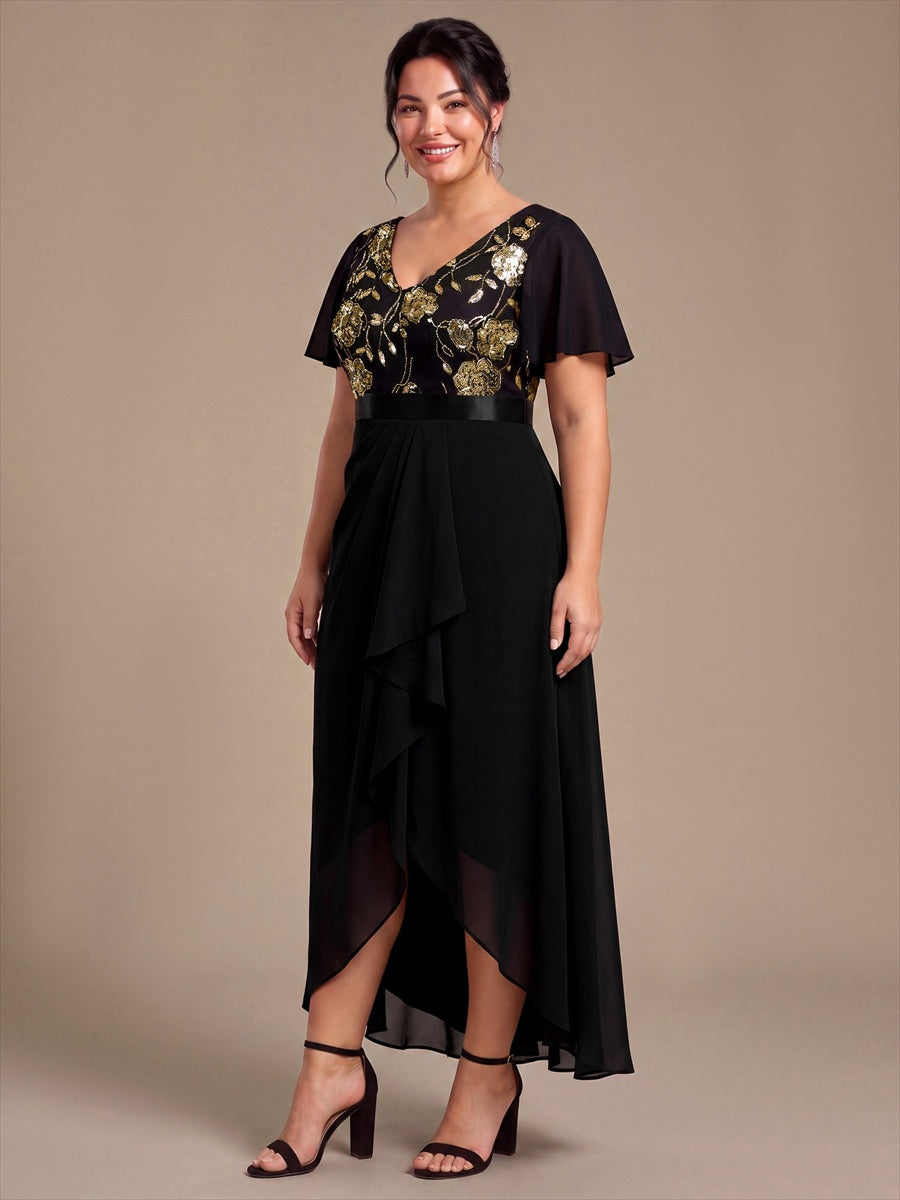 Chiffon Maxi Length V-neckline Asymmetrical Ruffle sleeves dress for the mother of the bride #color_Black & Gold