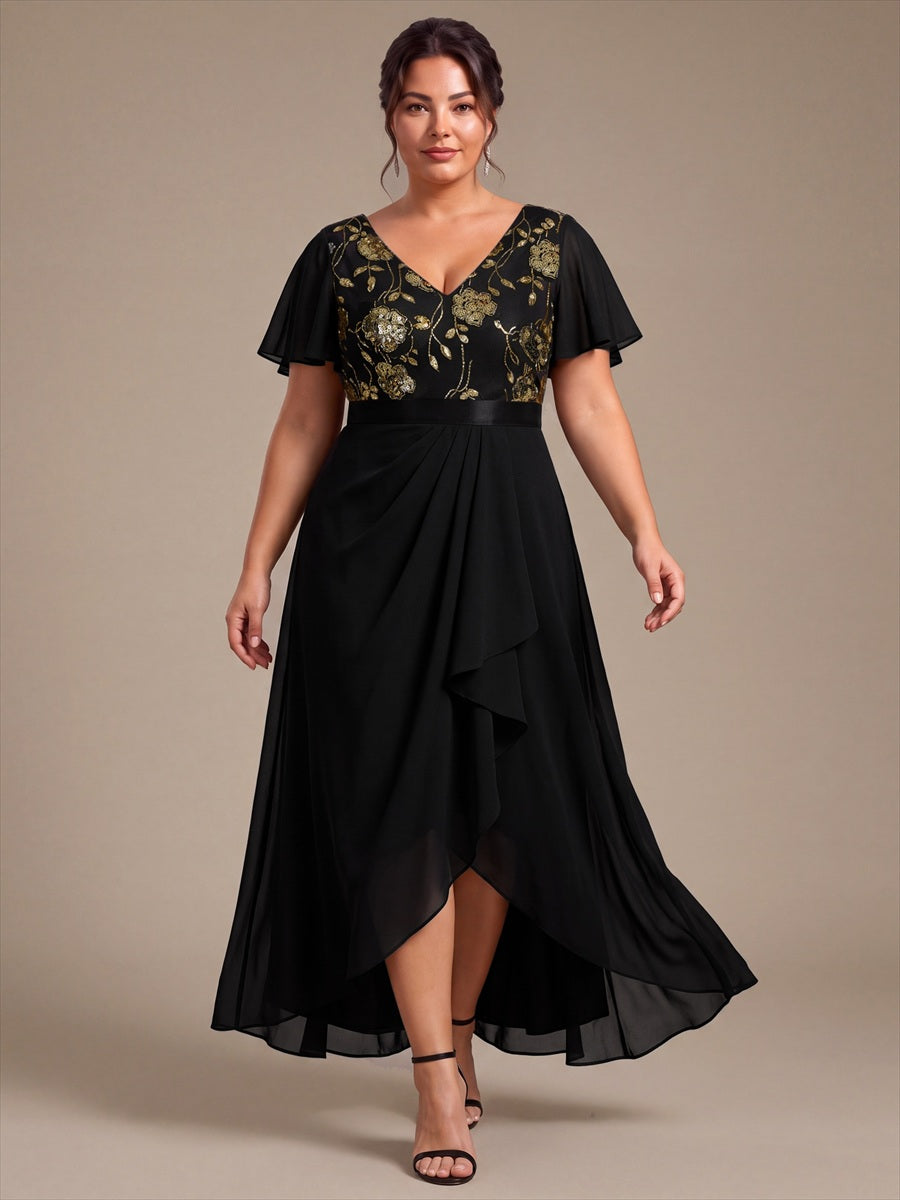 Chiffon Maxi Length V-neckline Asymmetrical Ruffle sleeves dress for the mother of the bride #color_Black & Gold