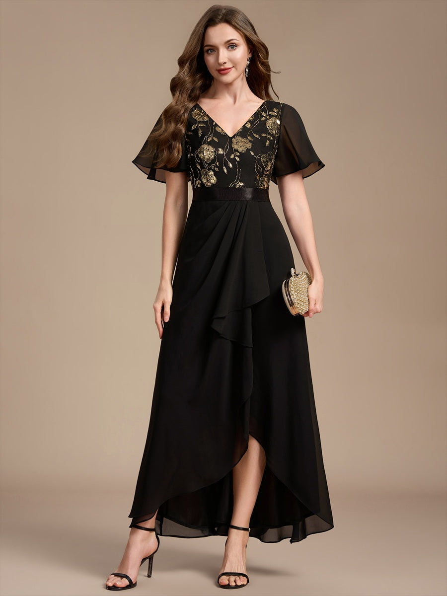 Chiffon Maxi Length V-neckline Asymmetrical Ruffle sleeves dress for the mother of the bride #color_Black & Gold