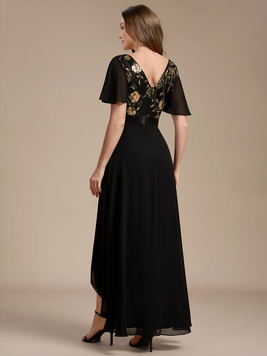 Chiffon Maxi Length V-neckline Asymmetrical Ruffle sleeves dress for the mother of the bride #color_Black & Gold
