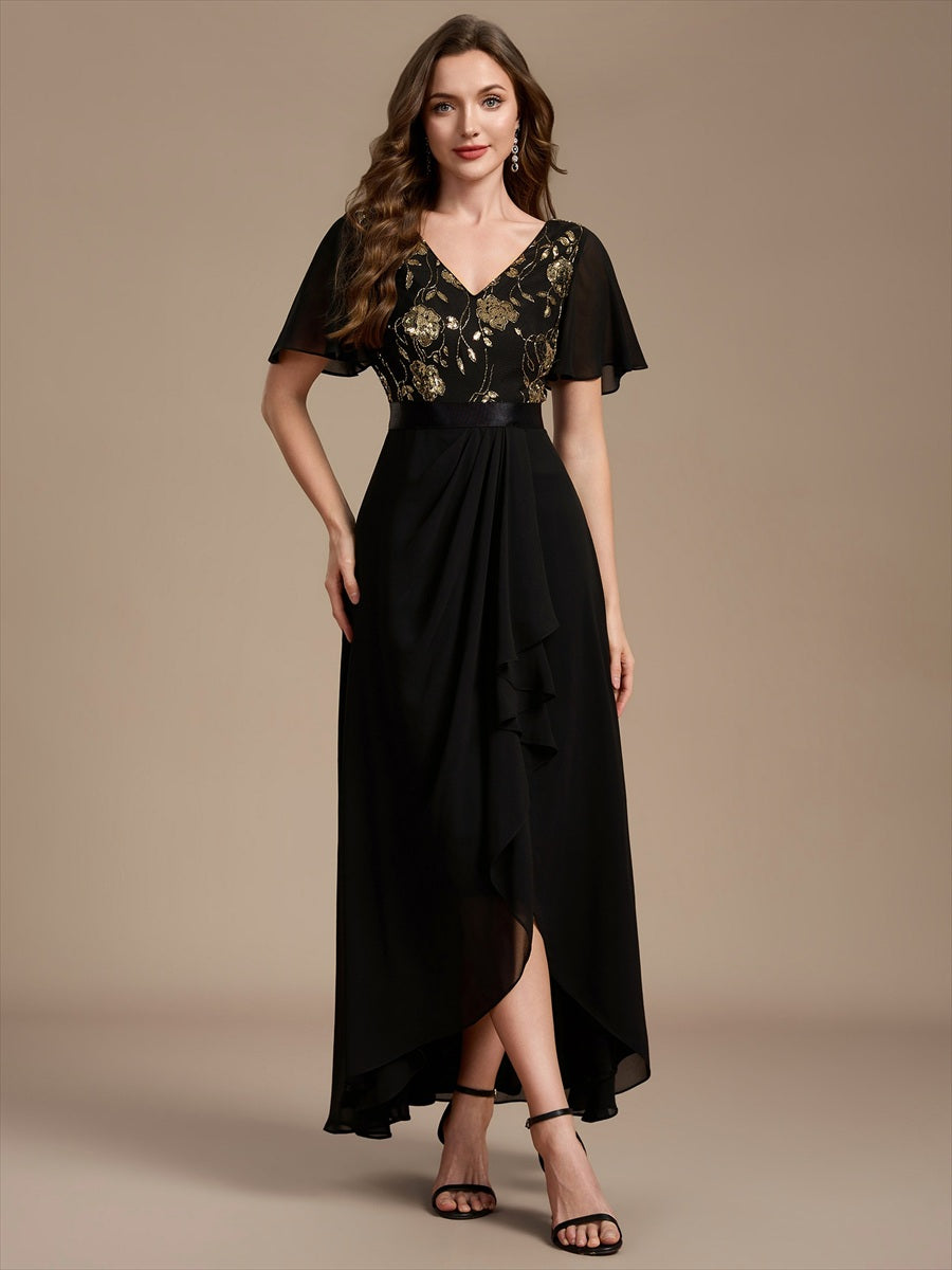 Chiffon Maxi Length V-neckline Asymmetrical Ruffle sleeves dress for the mother of the bride #color_Black & Gold