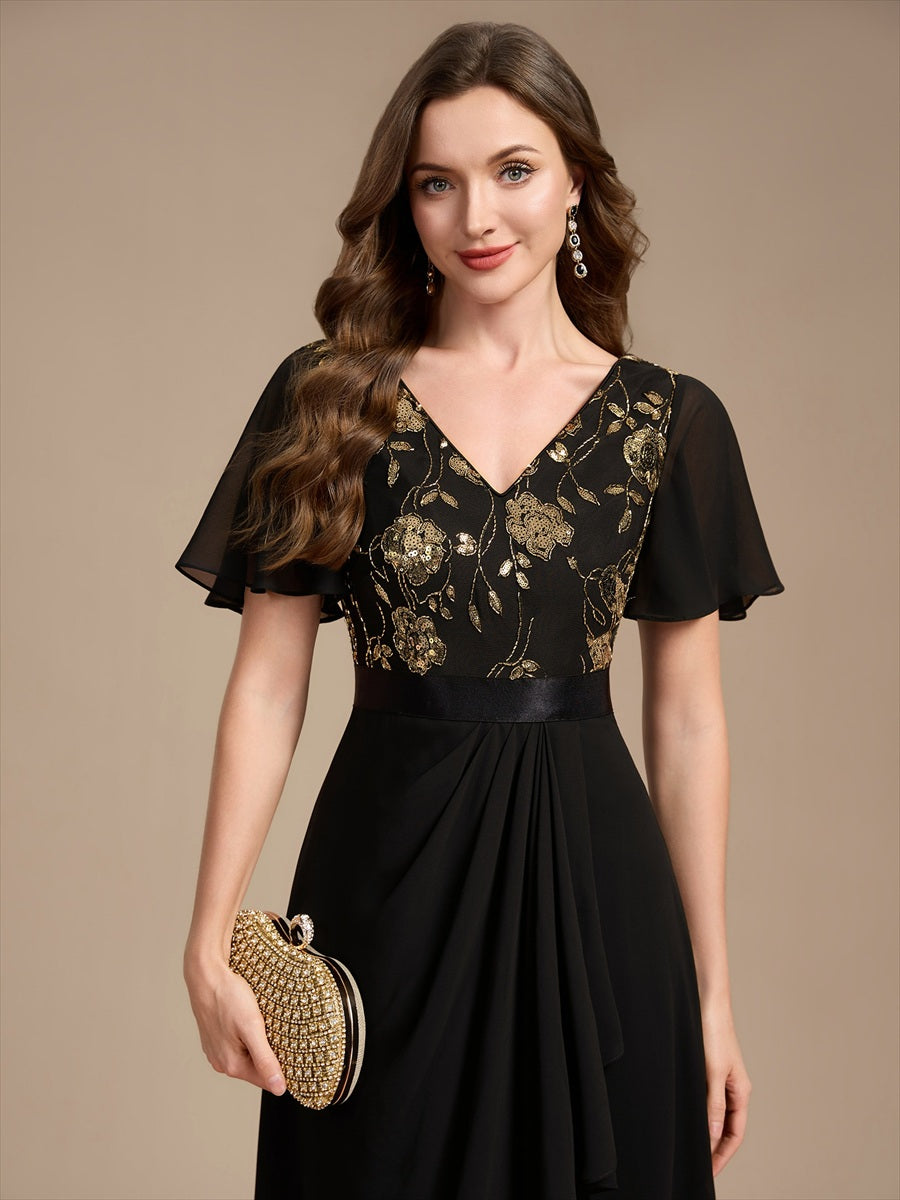 Chiffon Maxi Length V-neckline Asymmetrical Ruffle sleeves dress for the mother of the bride #color_Black & Gold