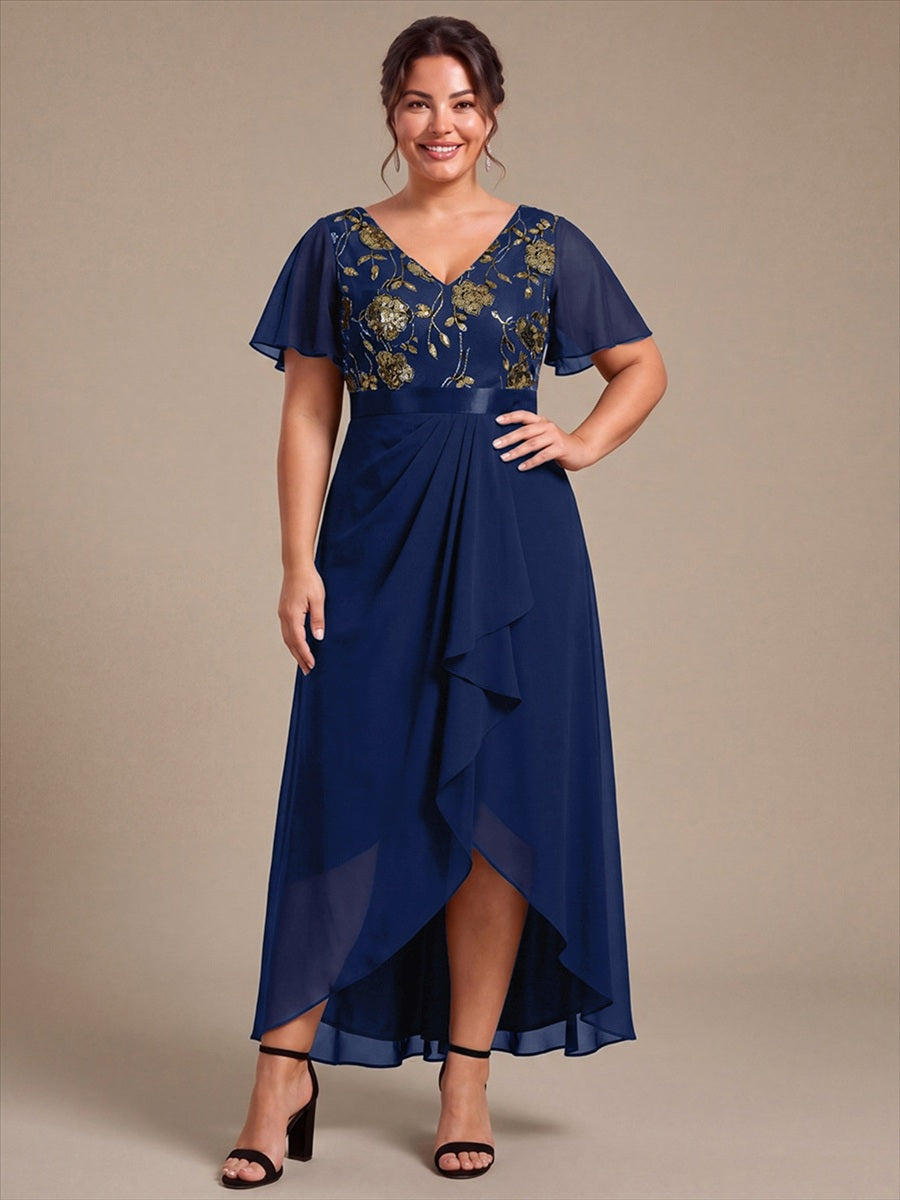 Chiffon Maxi Length V-neckline Asymmetrical Ruffle sleeves dress for the mother of the bride #color_Navy Blue