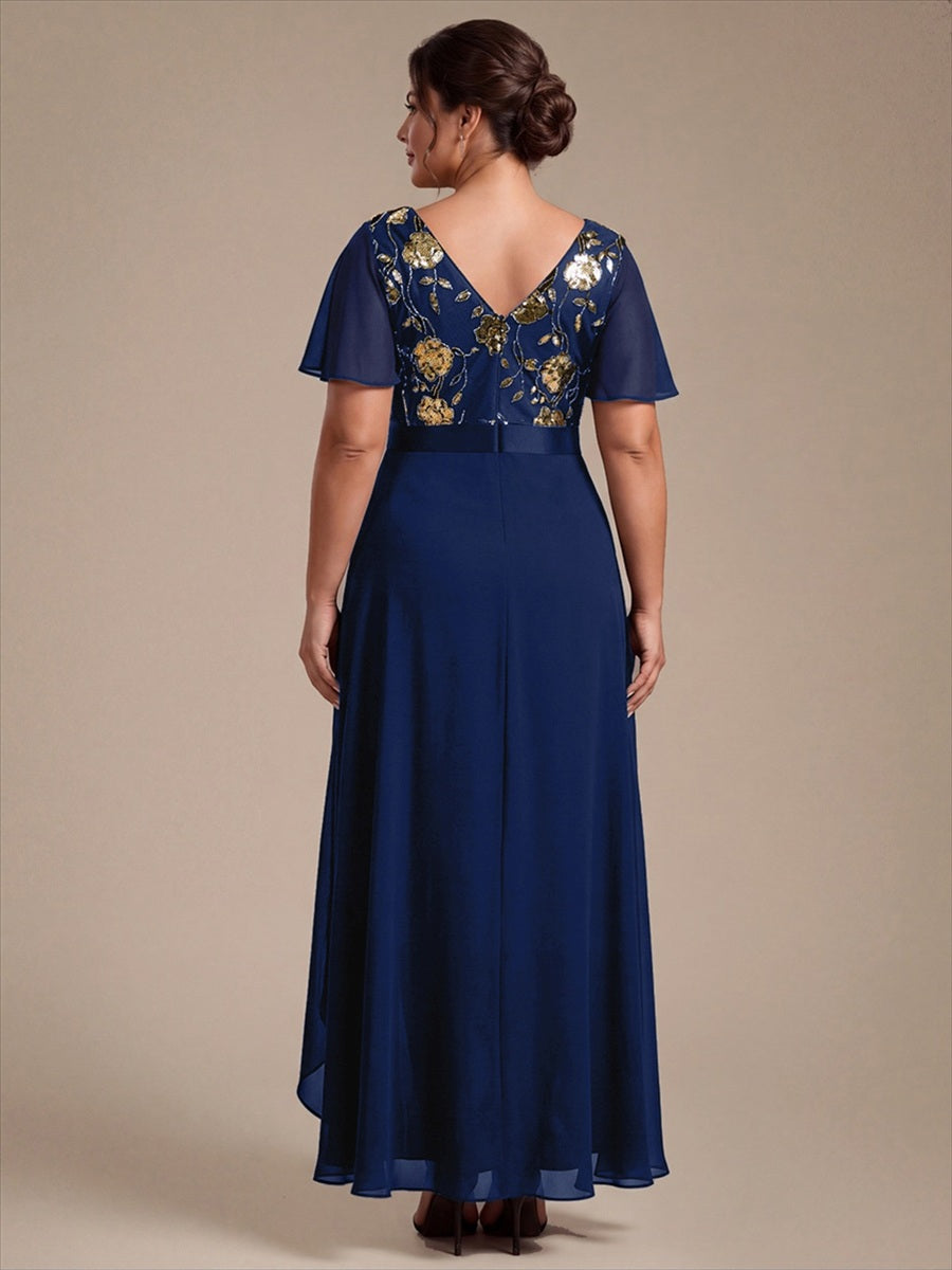 Chiffon Maxi Length V-neckline Asymmetrical Ruffle sleeves dress for the mother of the bride #color_Navy Blue