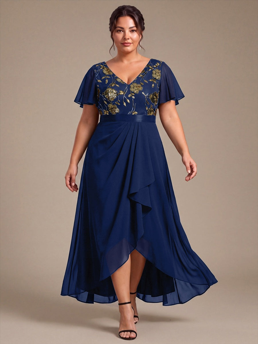 Chiffon Maxi Length V-neckline Asymmetrical Ruffle sleeves dress for the mother of the bride #color_Navy Blue