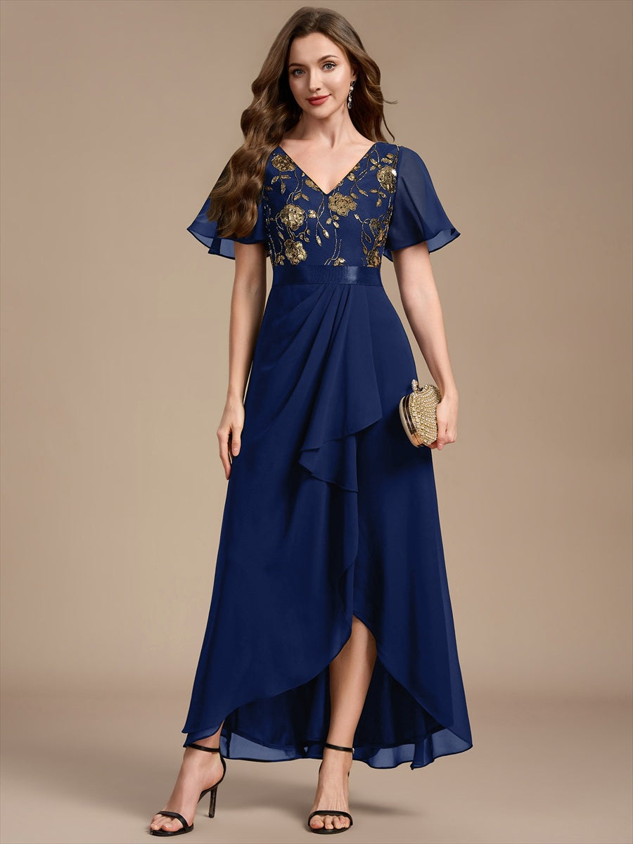 Chiffon Maxi Length V-neckline Asymmetrical Ruffle sleeves dress for the mother of the bride #color_Navy Blue