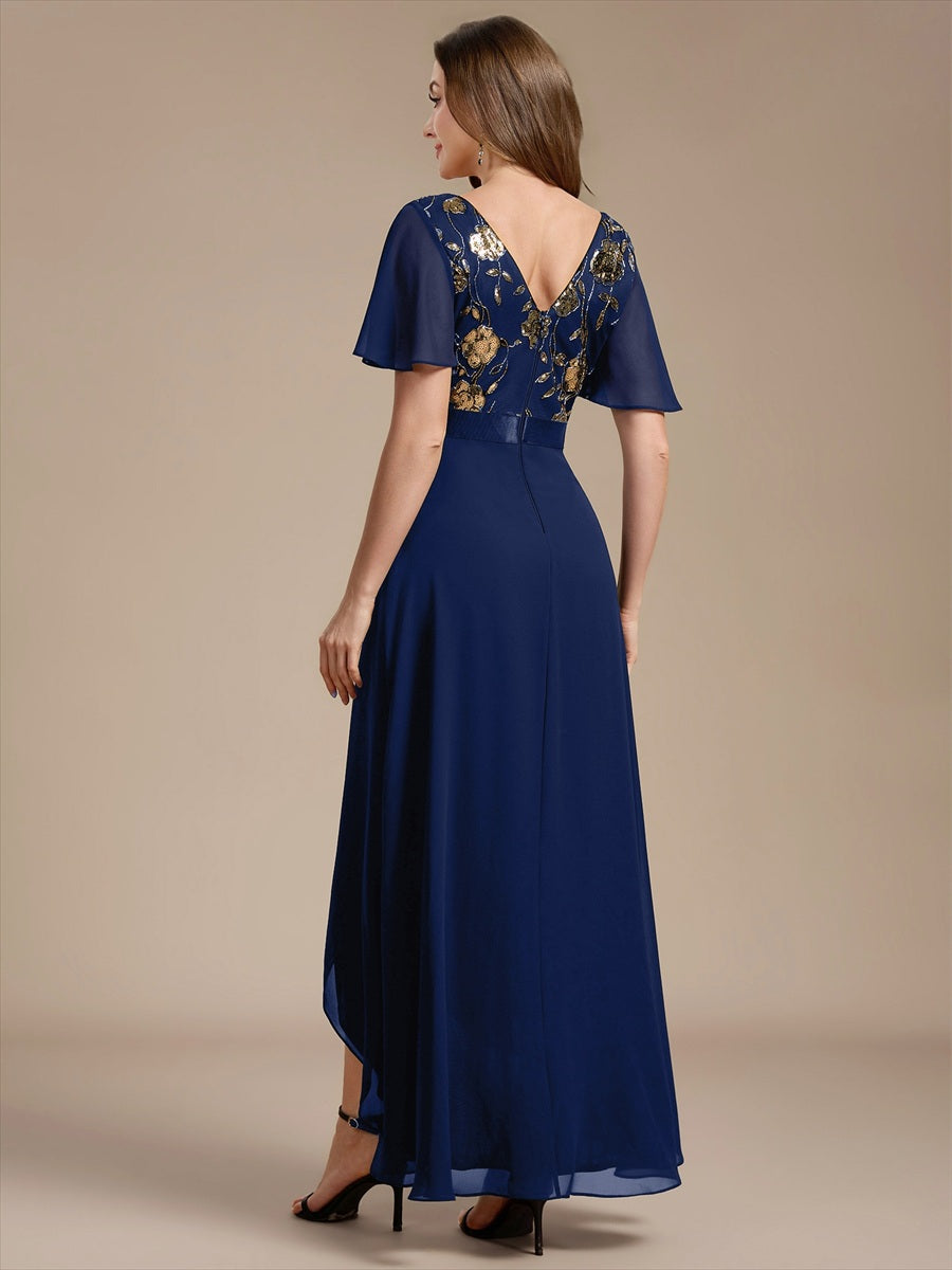 Chiffon Maxi Length V-neckline Asymmetrical Ruffle sleeves dress for the mother of the bride #color_Navy Blue
