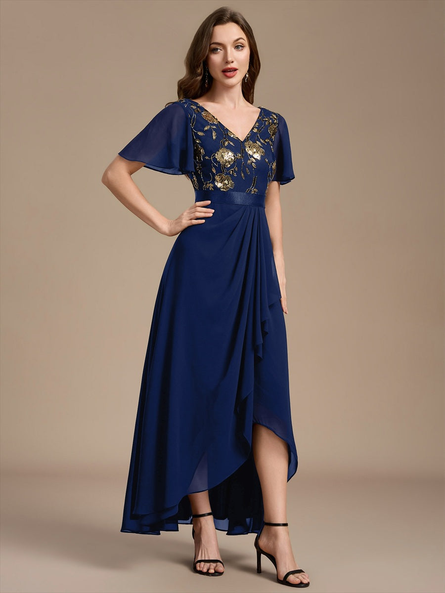 Chiffon Maxi Length V-neckline Asymmetrical Ruffle sleeves dress for the mother of the bride #color_Navy Blue