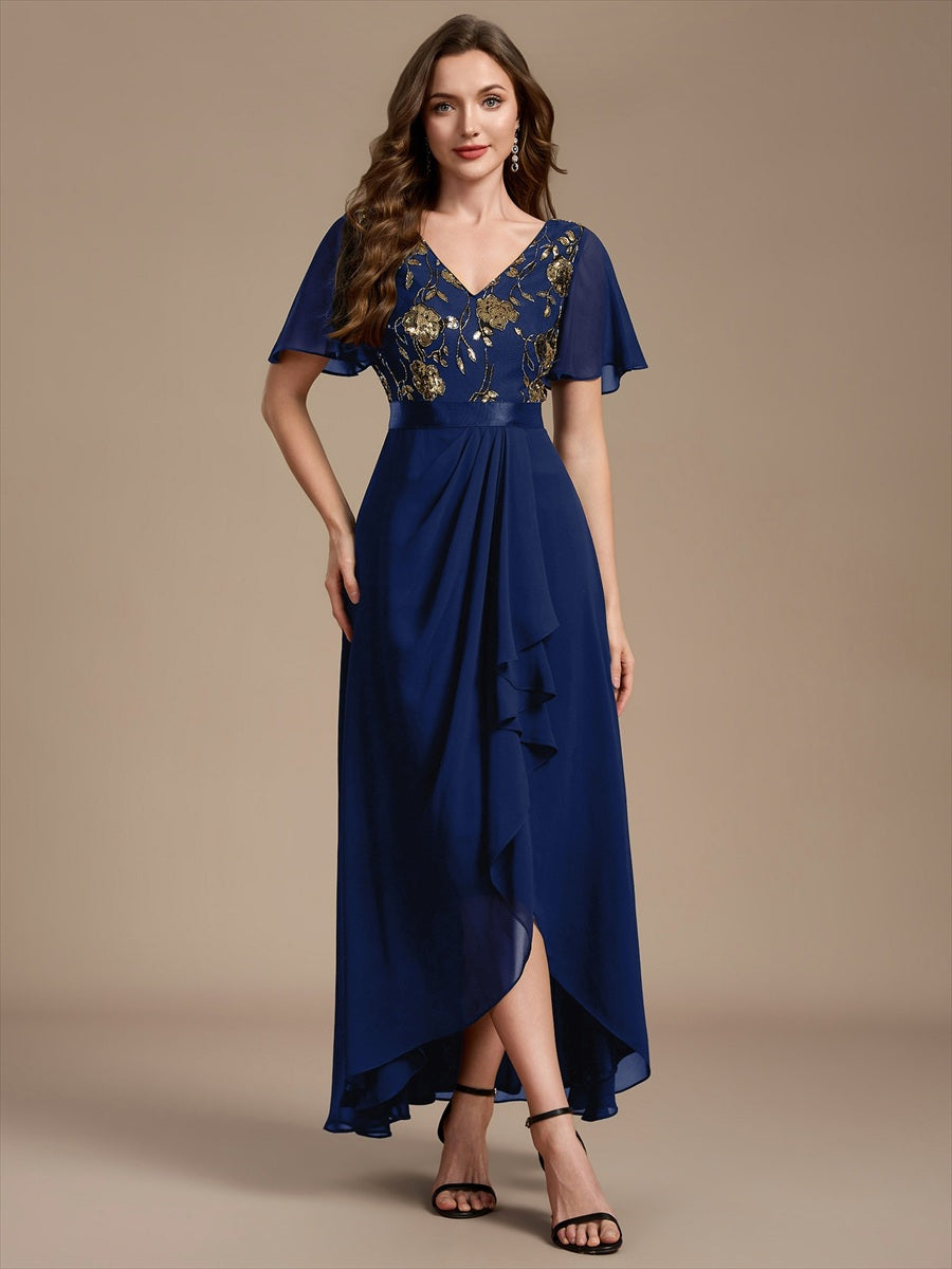 Chiffon Maxi Length V-neckline Asymmetrical Ruffle sleeves dress for the mother of the bride #color_Navy Blue
