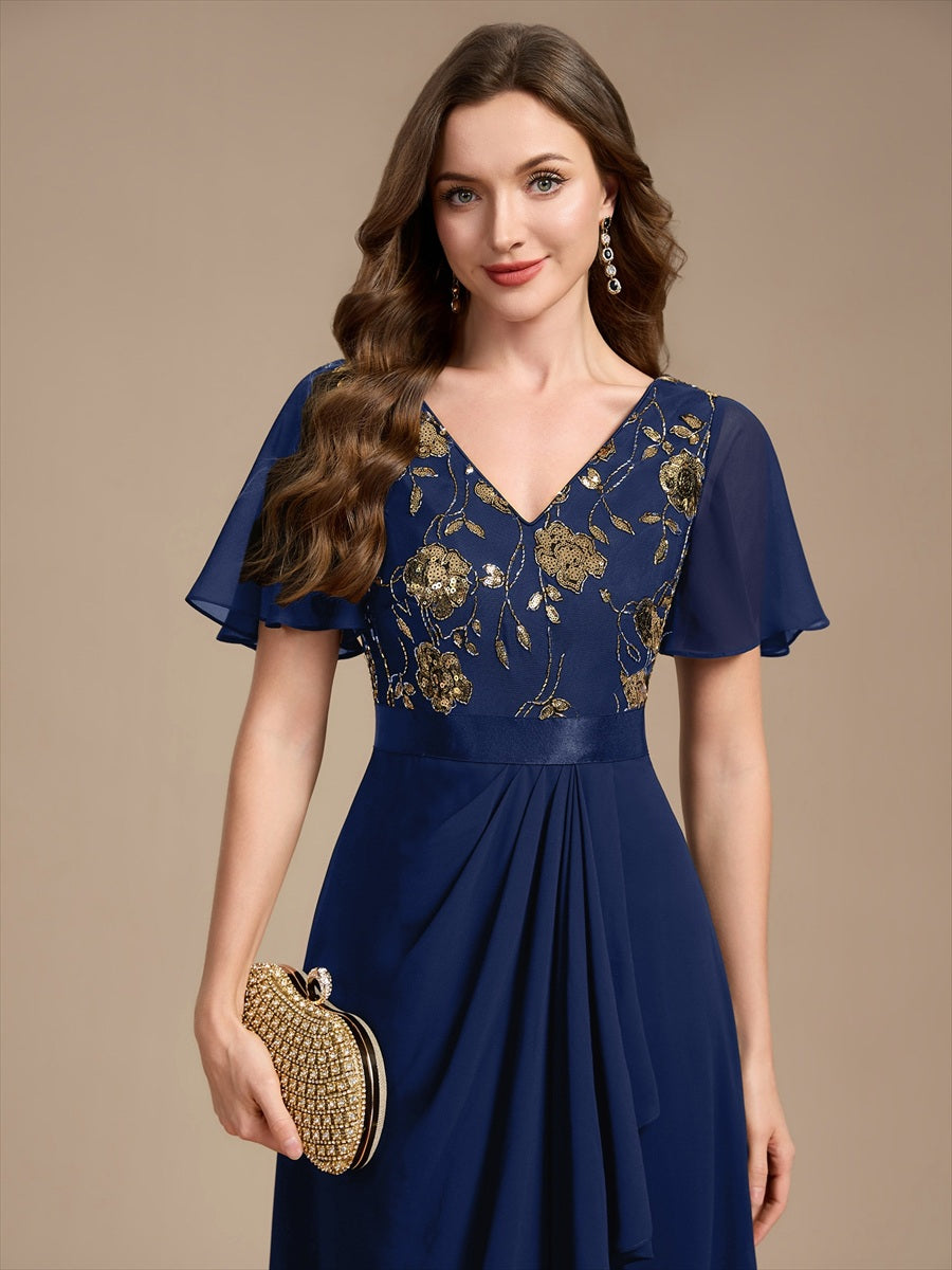 Chiffon Maxi Length V-neckline Asymmetrical Ruffle sleeves dress for the mother of the bride #color_Navy Blue
