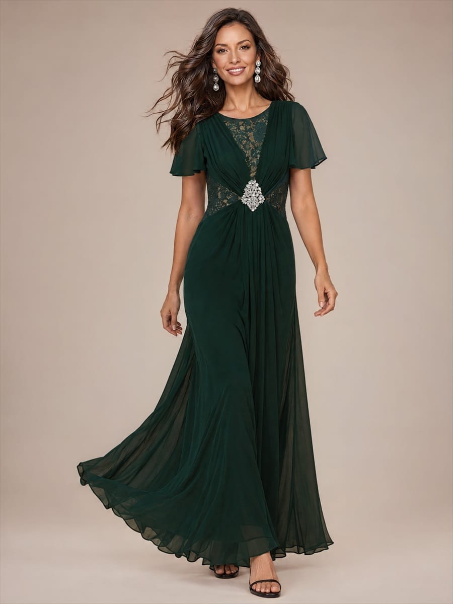 Chiffon Maxi Length Round neckline dress for the mother of the bride #color_Dark Forest Green