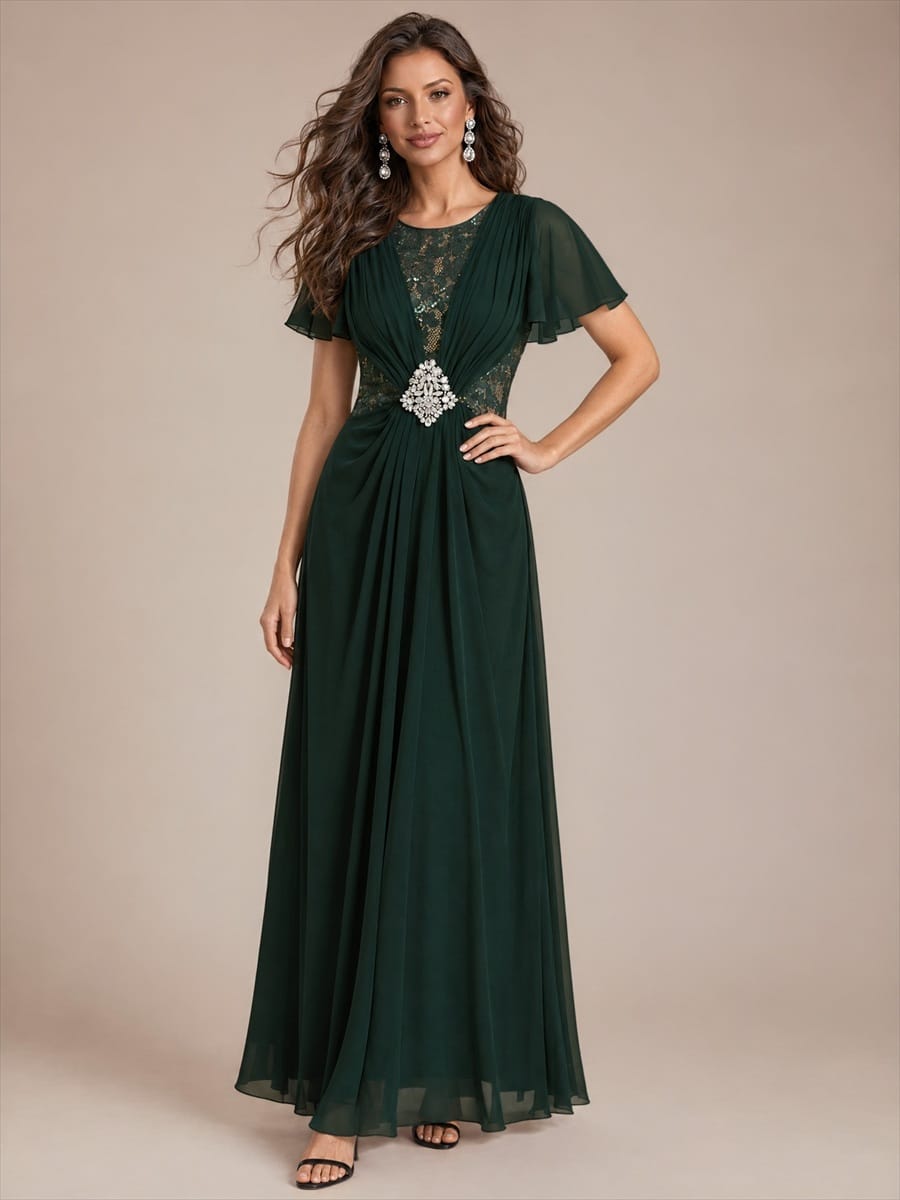 Chiffon Maxi Length Round neckline dress for the mother of the bride #color_Dark Forest Green