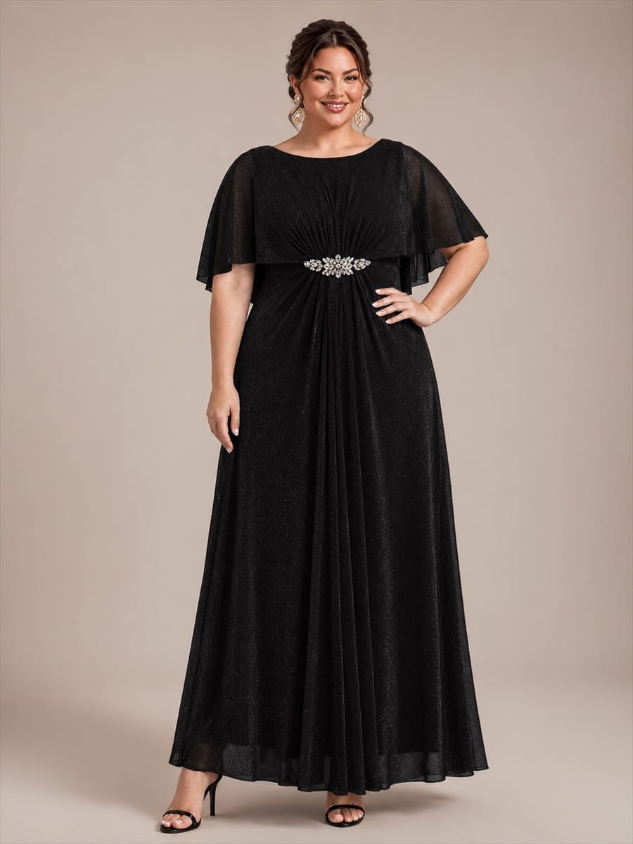 Floor Length with Round neckline, A-line, Cape sleeves and dress for the mother of the bride #color_Black