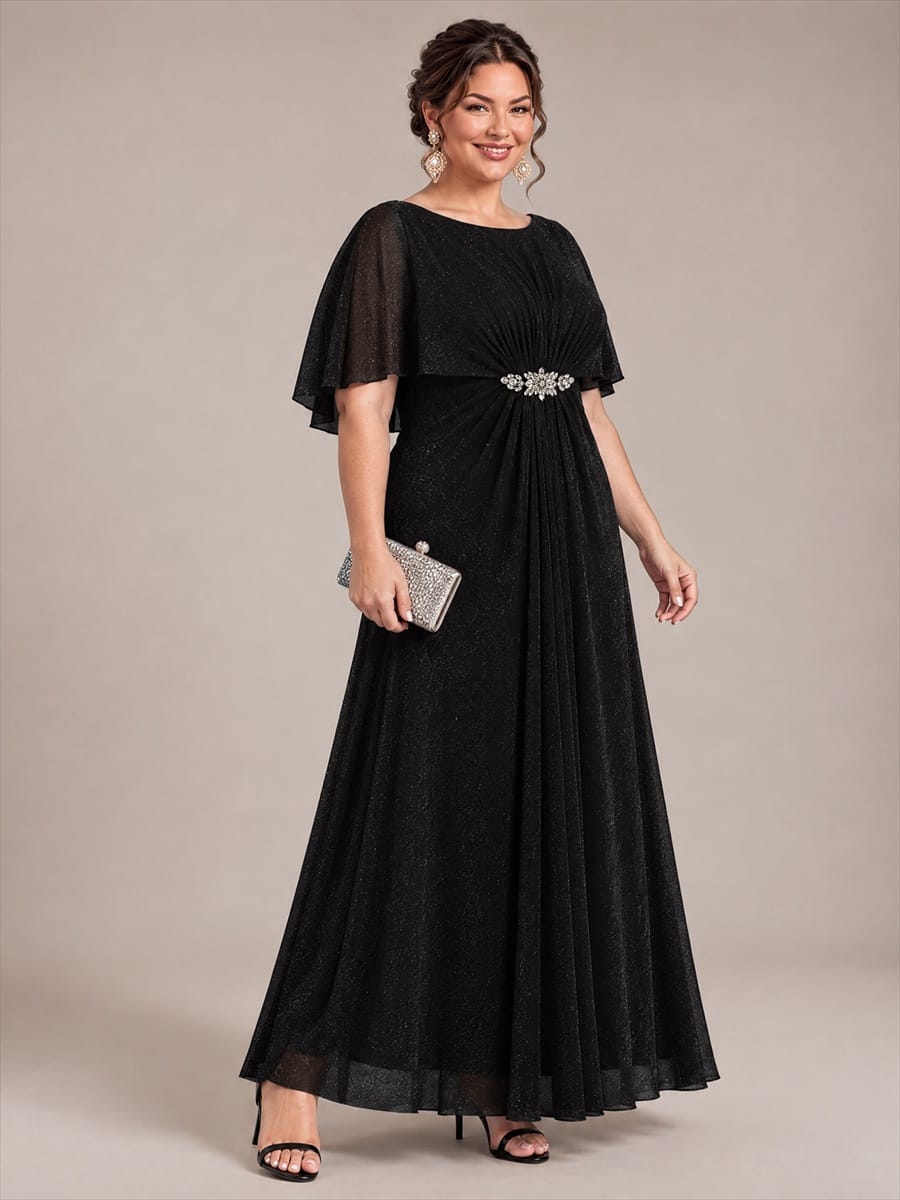 Floor Length with Round neckline, A-line, Cape sleeves and dress for the mother of the bride #color_Black