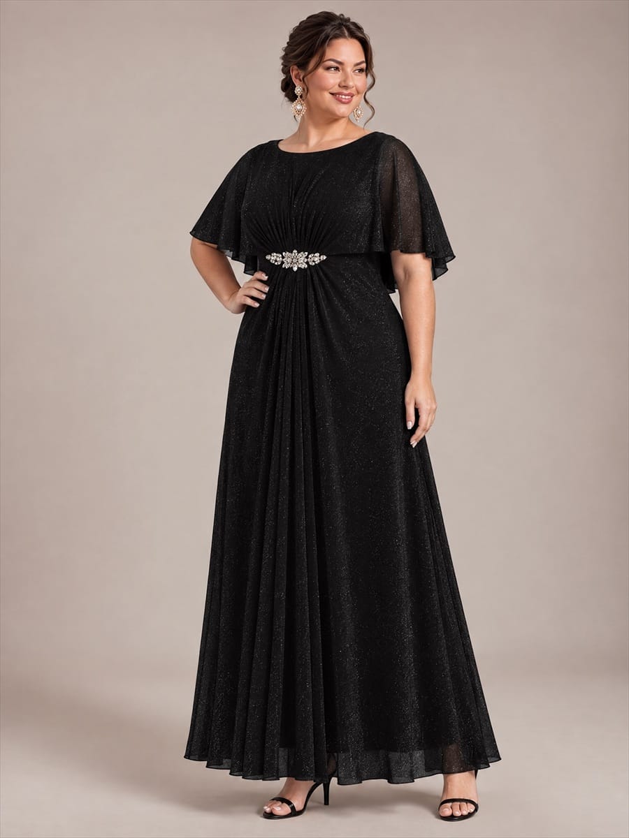 Floor Length with Round neckline, A-line, Cape sleeves and dress for the mother of the bride #color_Black