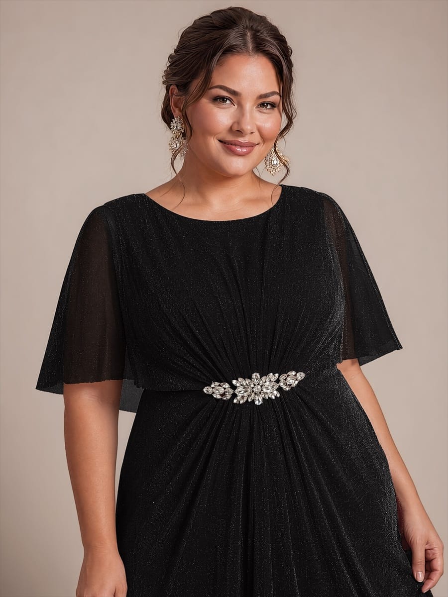 Floor Length with Round neckline, A-line, Cape sleeves and dress for the mother of the bride #color_Black