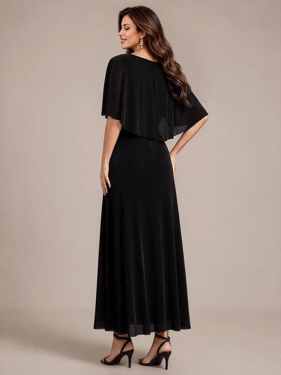 Floor Length with Round neckline, A-line, Cape sleeves and dress for the mother of the bride #color_Black