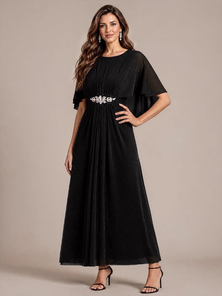 Floor Length with Round neckline, A-line, Cape sleeves and dress for the mother of the bride #color_Black