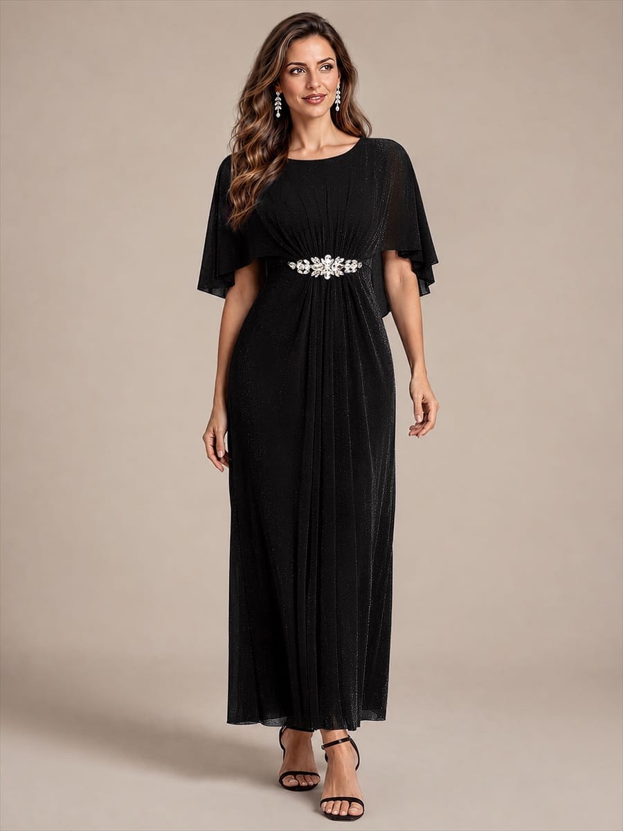 Floor Length with Round neckline, A-line, Cape sleeves and dress for the mother of the bride #color_Black