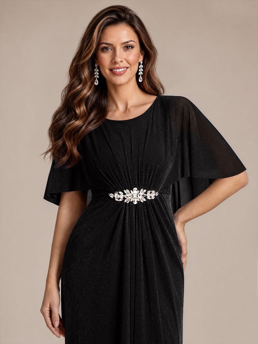 Floor Length with Round neckline, A-line, Cape sleeves and dress for the mother of the bride #color_Black