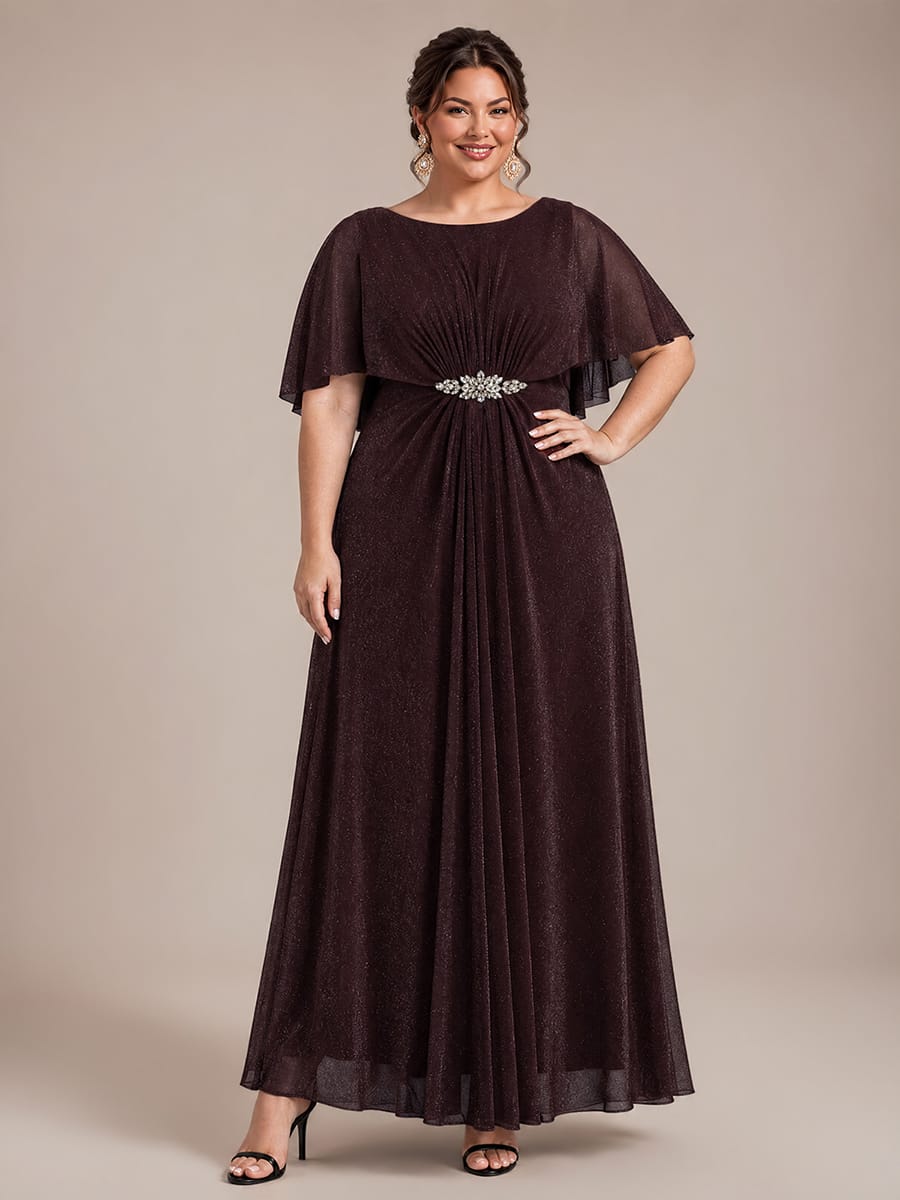 Floor Length with Round neckline, A-line, Cape sleeves and dress for the mother of the bride #color_Mahogany Brown