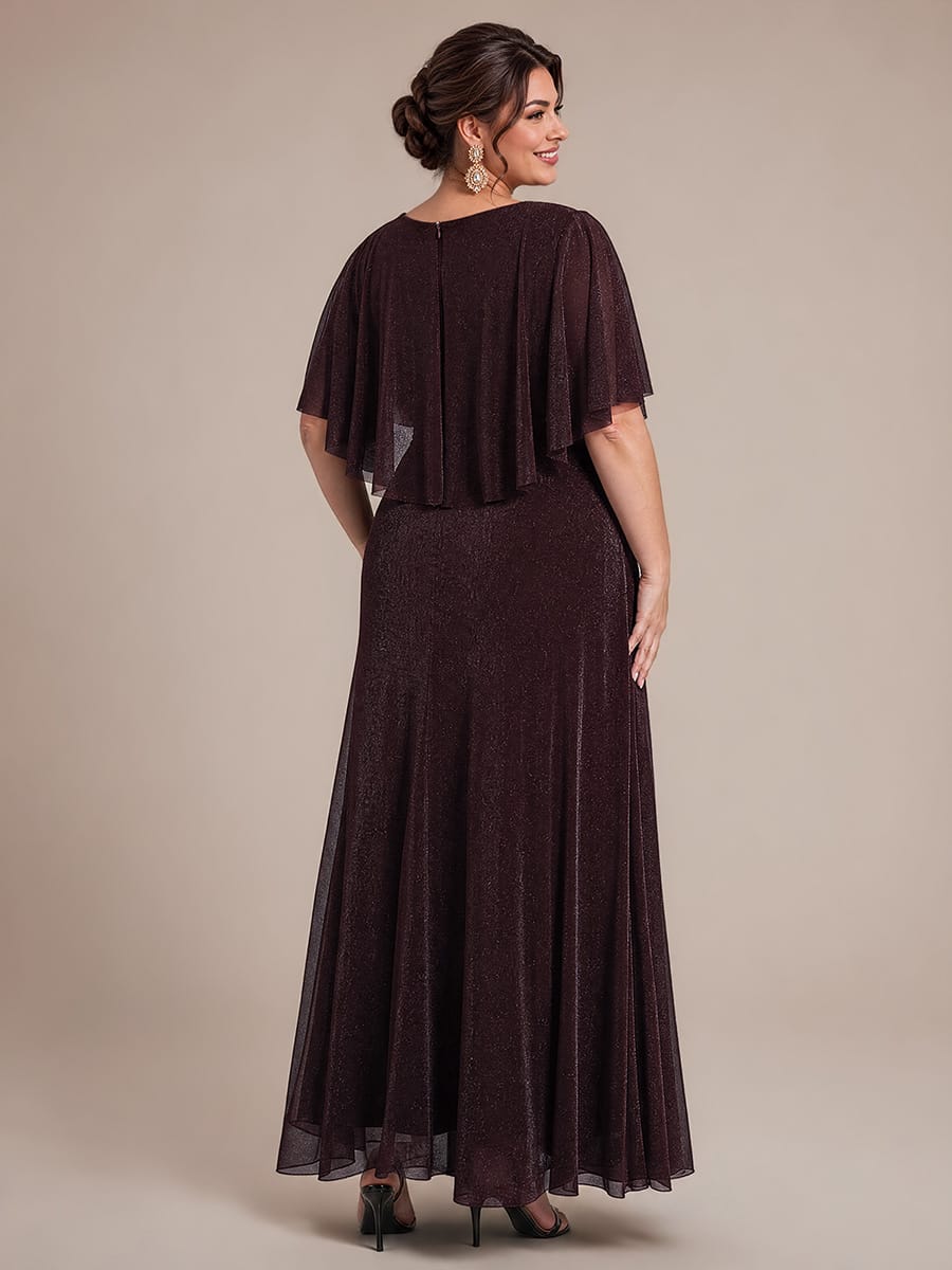 Floor Length with Round neckline, A-line, Cape sleeves and dress for the mother of the bride #color_Mahogany Brown