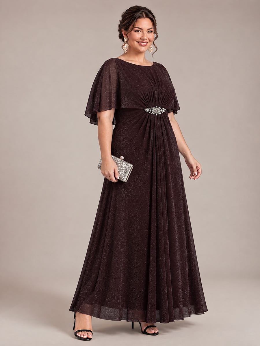 Floor Length with Round neckline, A-line, Cape sleeves and dress for the mother of the bride #color_Mahogany Brown