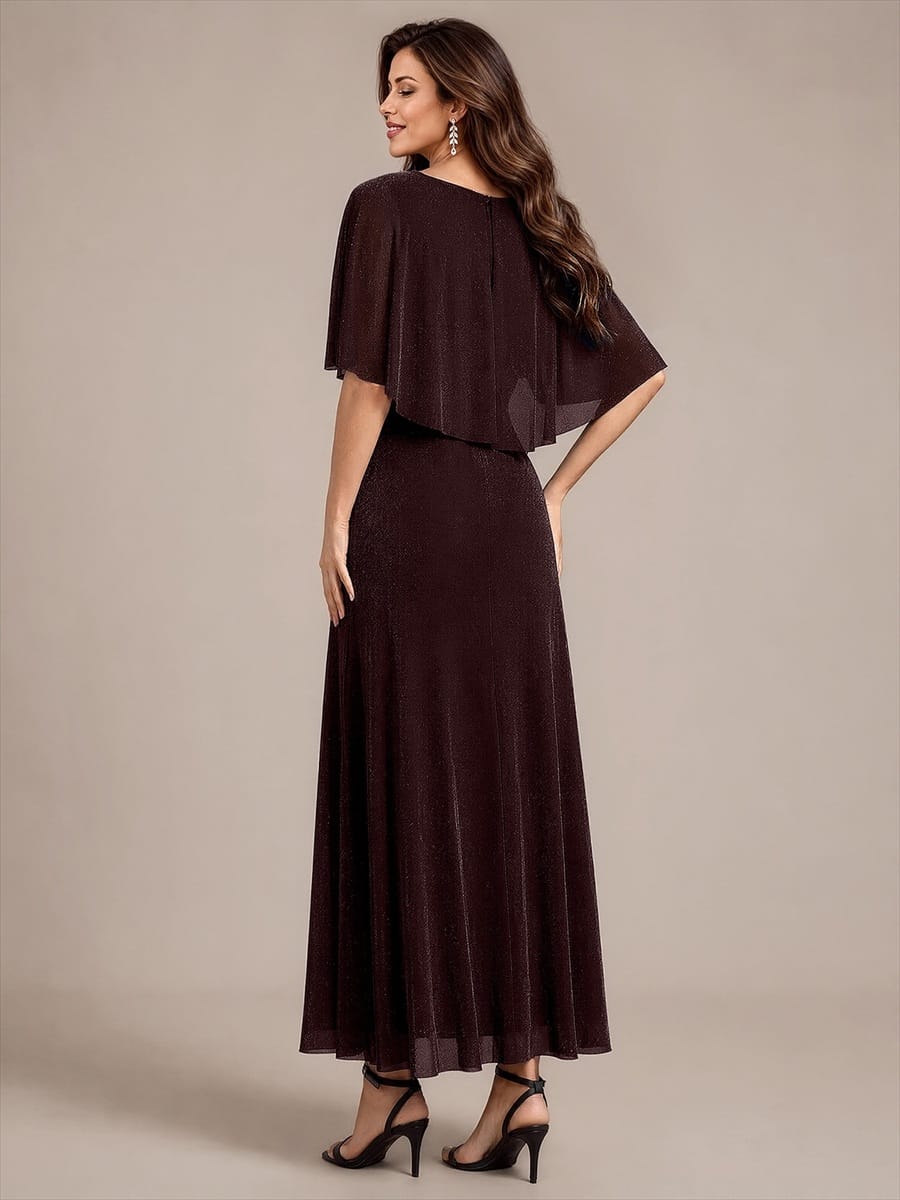 Floor Length with Round neckline, A-line, Cape sleeves and dress for the mother of the bride #color_Mahogany Brown