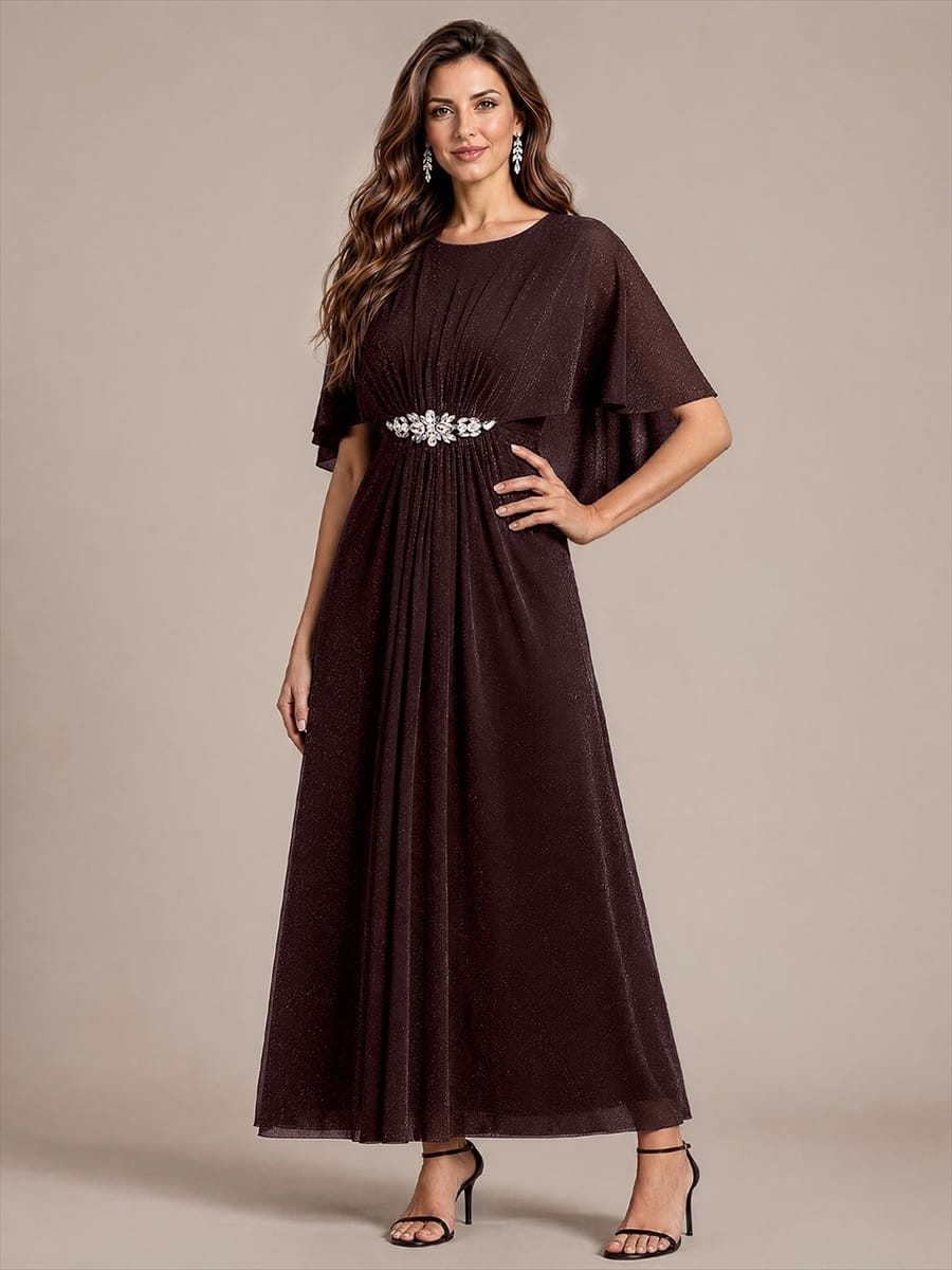Floor Length with Round neckline, A-line, Cape sleeves and dress for the mother of the bride #color_Mahogany Brown