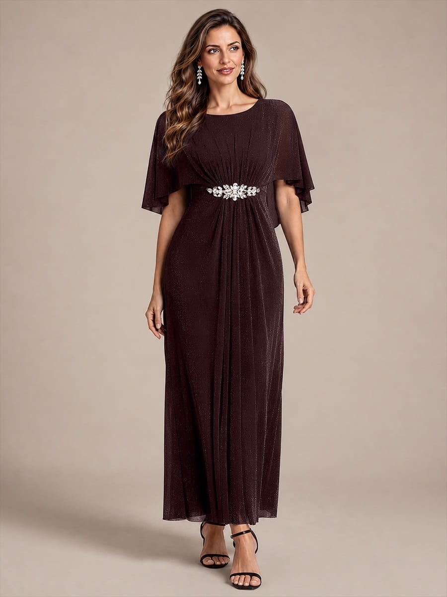 Floor Length with Round neckline, A-line, Cape sleeves and dress for the mother of the bride #color_Mahogany Brown
