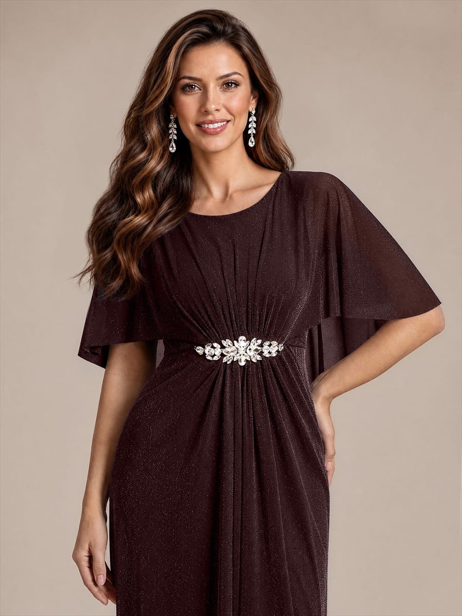 Floor Length with Round neckline, A-line, Cape sleeves and dress for the mother of the bride #color_Mahogany Brown