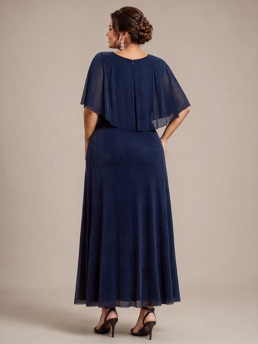 Floor Length with Round neckline, A-line, Cape sleeves and dress for the mother of the bride #color_Navy Blue