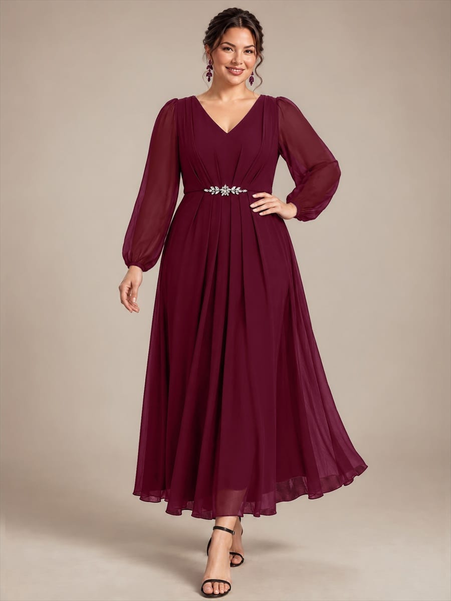 Chiffon Maxi Length V-neckline dress for the mother of the bride #color_Burgundy