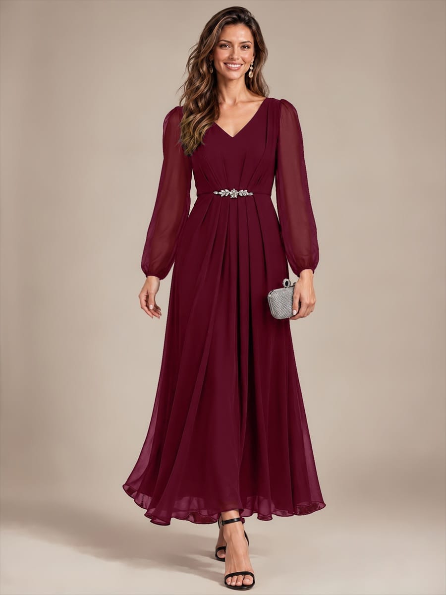 Chiffon Maxi Length V-neckline dress for the mother of the bride #color_Burgundy